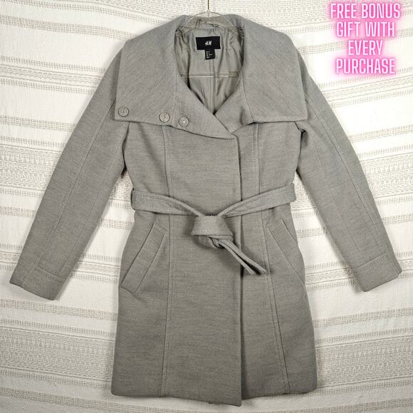 H&M Gray Belted Long Coat Snap Button Pockets Wool Blend Size 6 - Picture 1 of 12